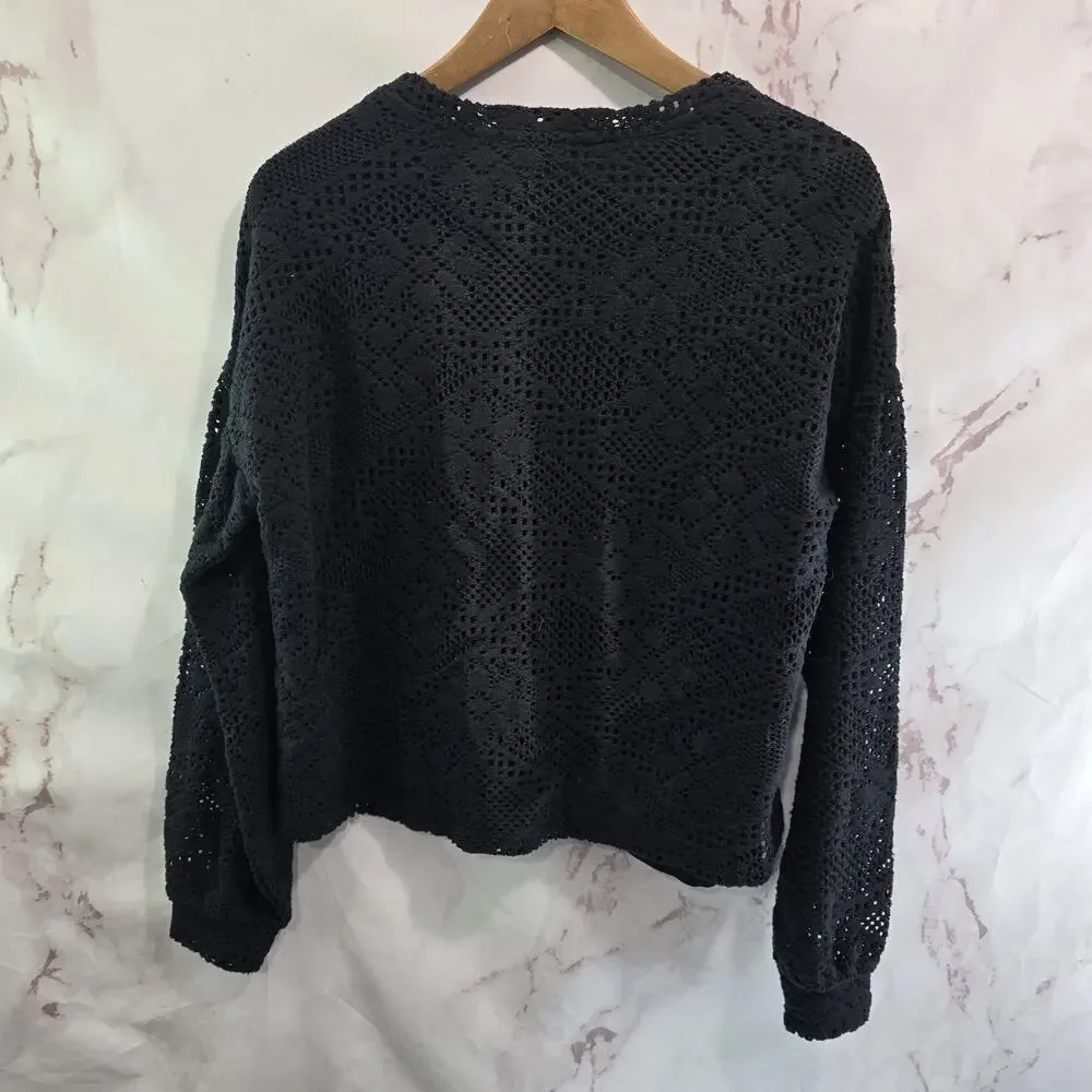Anthropologie Shirt Womens Small Black Lace Eyelet Balloon Puff Sanctuary